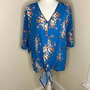 Bluetime Floral Blue V Neck Top with Front Tie. Medium
